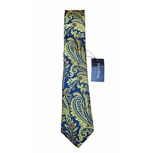 NWT Barry Wang 100%  Silk Blue Gold Floral Paisley Tie Necktie Hand Tailored
